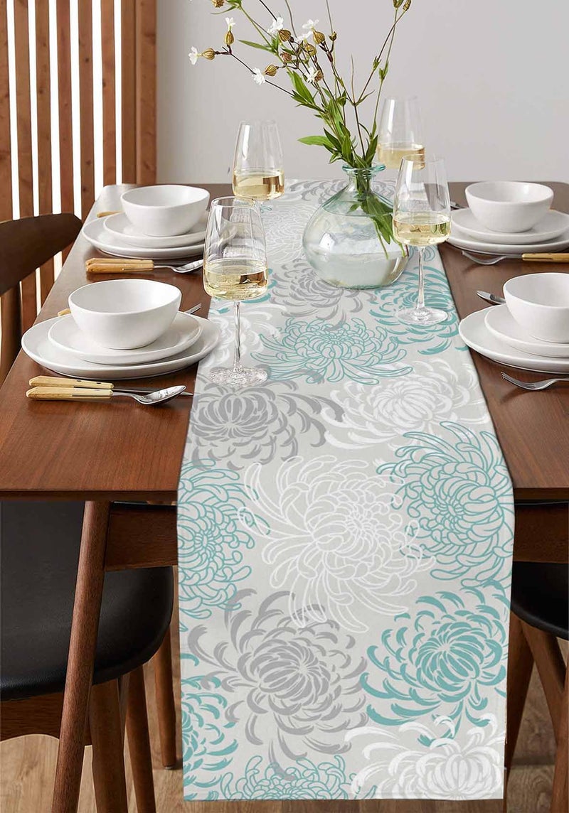 PIEPLE Aqua Chrysanthemum Flowers Table Runner-Cotton Linen-Long 13x72inches Dresser Scarves,Floral Grey Tablerunner for Kitchen Coffee/Dining/End Table Bedroom Living Room,Scarf Decor for Holiday - Image 4
